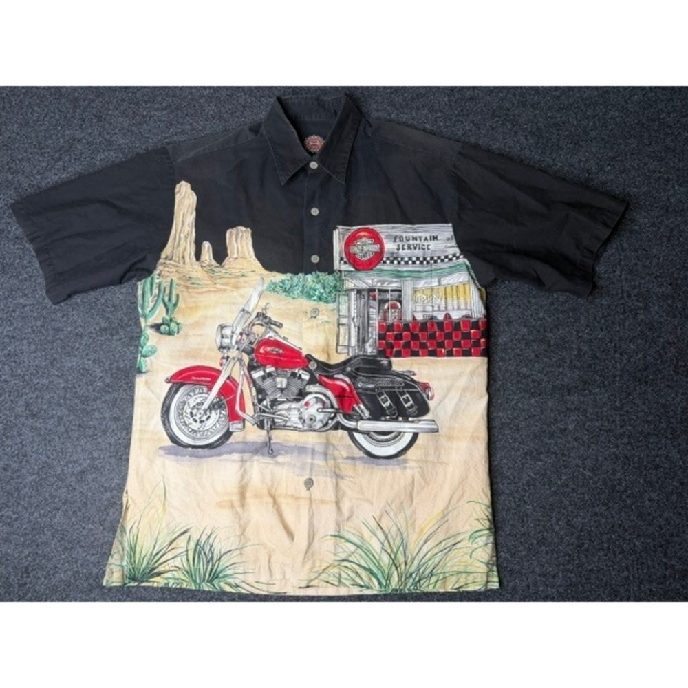 Harley Davidson Mens M Black Motorcycle Fountain Service Graphic Button Up Shirt